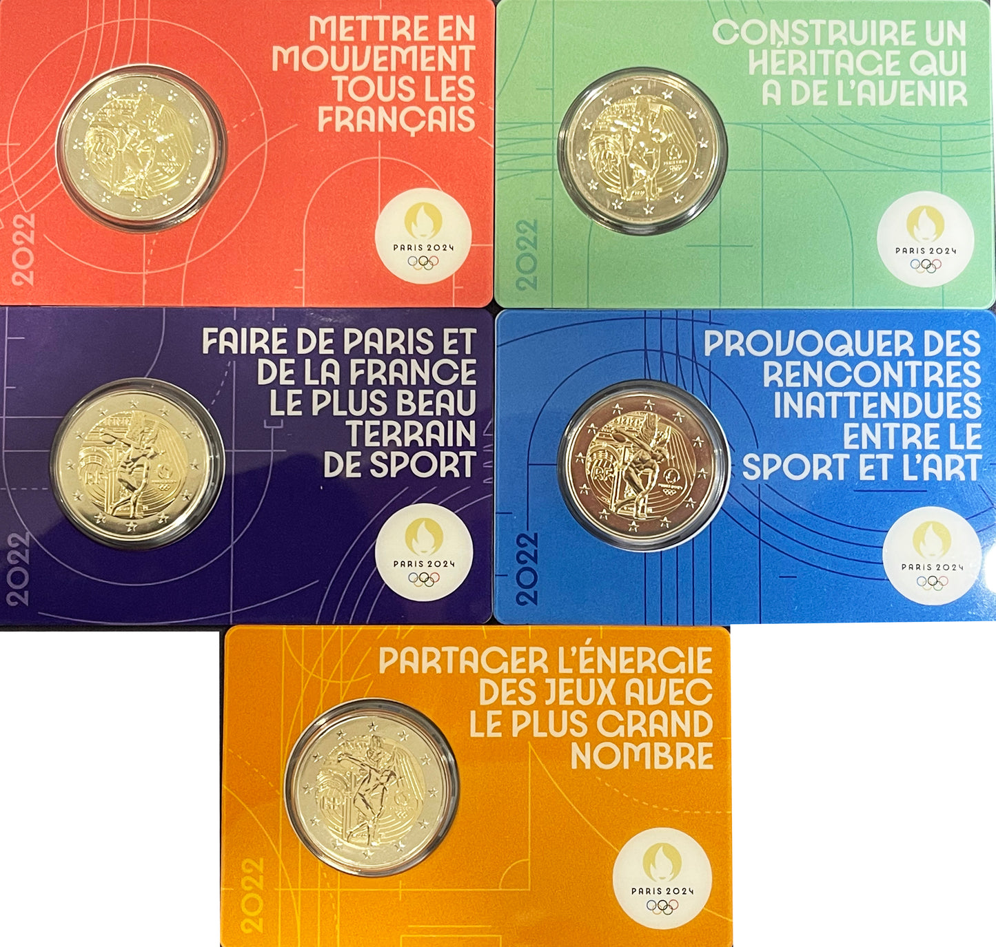 Frankreich 2 € Olympische Spiele 2022 2024 - 5 verschiedene Coincards